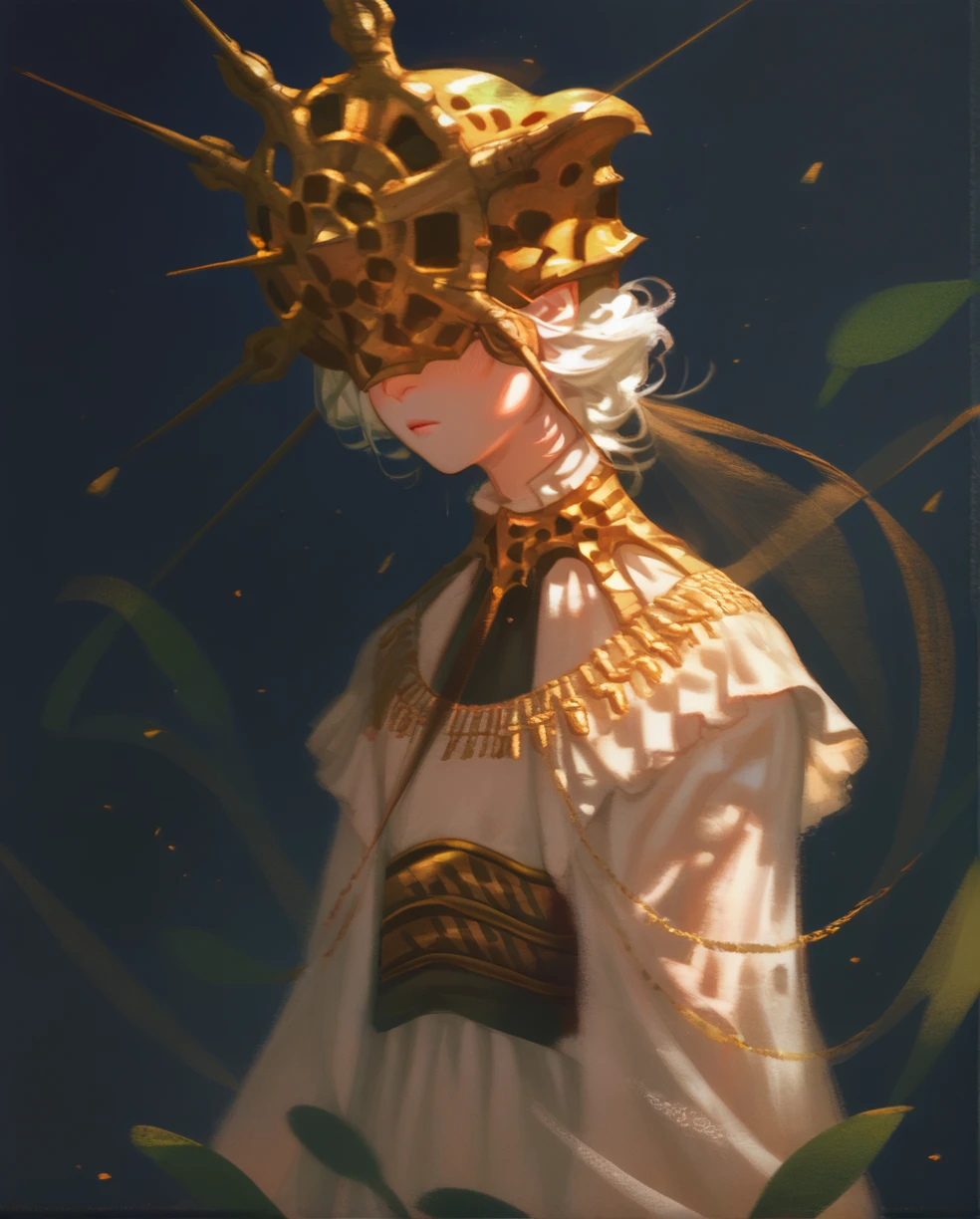 gwyndolin, flat chest, white hair, golden mask over eyes, flowing dress, masterwork