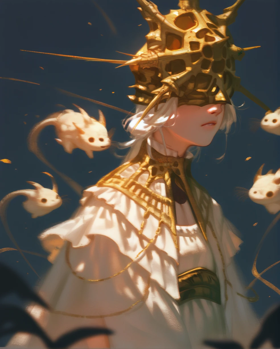 gwyndolin, flat chest, white hair, golden mask over eyes, flowing dress, masterwork