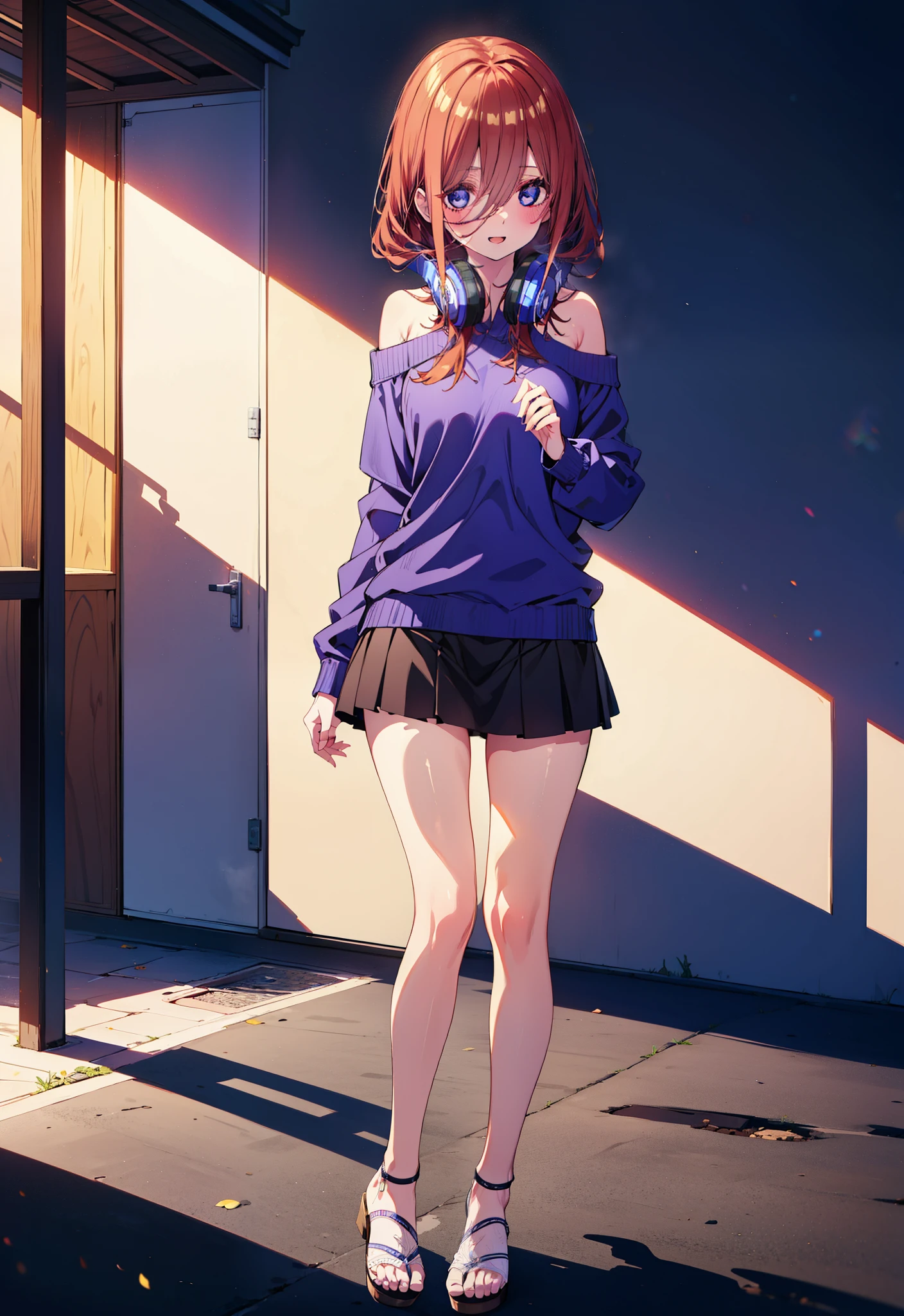 Miku Nakano, miku nakano, Long Hair, bangs, blue eyes, Brown Hair, shirt, Hair between the eyes, Headphones around neck,happy smile, smile, Open your mouth,One-shoulder sweater,mini skirt,Heeled Sandals,Walking,morning,morning陽,Clear skies,whole bodyがイラストに入るように,
break outdoors, Building district,
break looking at viewer,whole body,
break (masterpiece:1.2), Highest quality, High resolution, unity 8k wallpaper, (figure:0.8), (Beautiful attention to detail:1.6), Highly detailed face, Perfect lighting, Highly detailed CG, (Perfect hands, Perfect Anatomy),