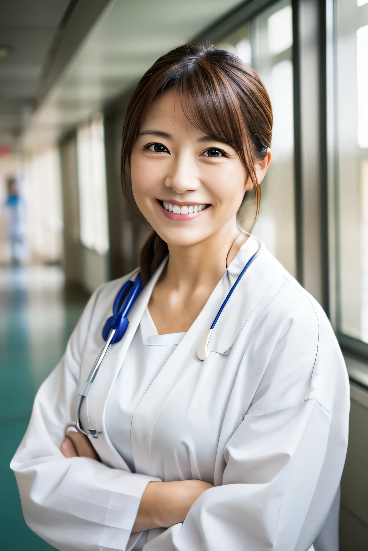 Photorealistic, high resolution, High resolution,Japan Beautiful Nurse, 44 years old, Mature Woman, Smile, White Lab Coat, whole body, hospital, ward