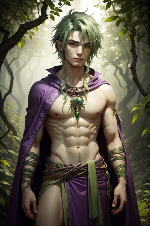 1man, male, dryad, green skin, green hair with purple tips, medium hair, hair side part, green eyes, no facial hair, leaves on vines across body, druid