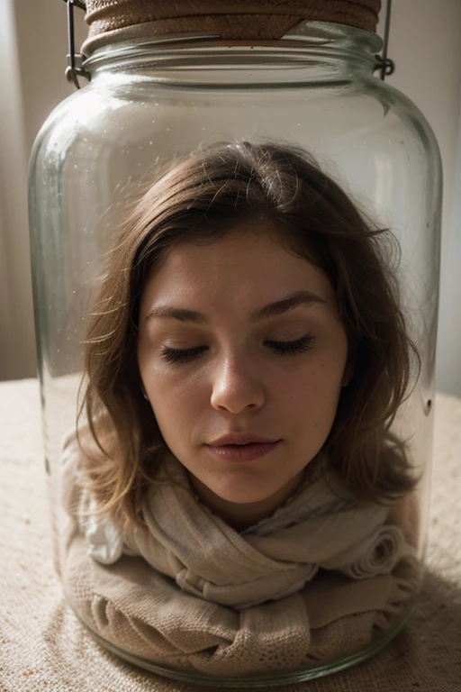 ((severed head contained inside a glass jar)), 1 girl, headless, sexy, blond hair, beautiful girl, (eyes closed)