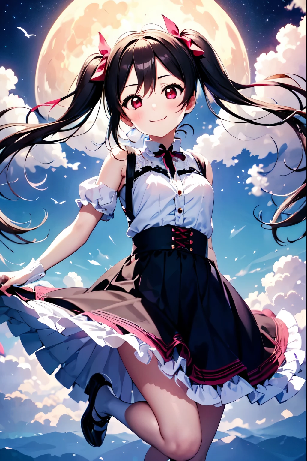 Highest quality、High resolution、Shooting from the front,Nico、Nico Yazawa、(Girl flying in the sky:1.5)、Closed Mouth、smile、Beautiful red eyes、Clouds at your feet、Above the Clouds、Beautiful night sky, Attractive look,moon、Twin tails、White Gothic ****ta clothing,Absolute reference to the center、4Ｋ，8Ｋ,(Genuine、Genuine志向、写真Genuine志向：1.10)、High resolution、超High resolution、ultra high definition paintings、whole body、Long skirt、Cowboy Shot、Long Skirt