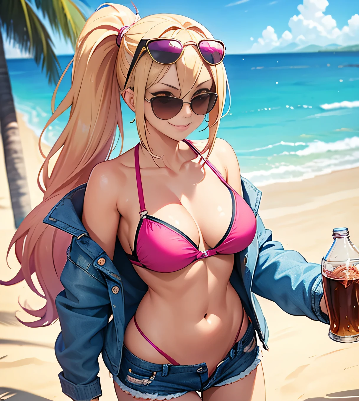 Woman, unbuttoned unzipped jean shorts, pink bikini top, sunglasses, boardwalk by beach, carrying six pack of cola, smirking, blonde hair in a ponytail, F cup bombshell