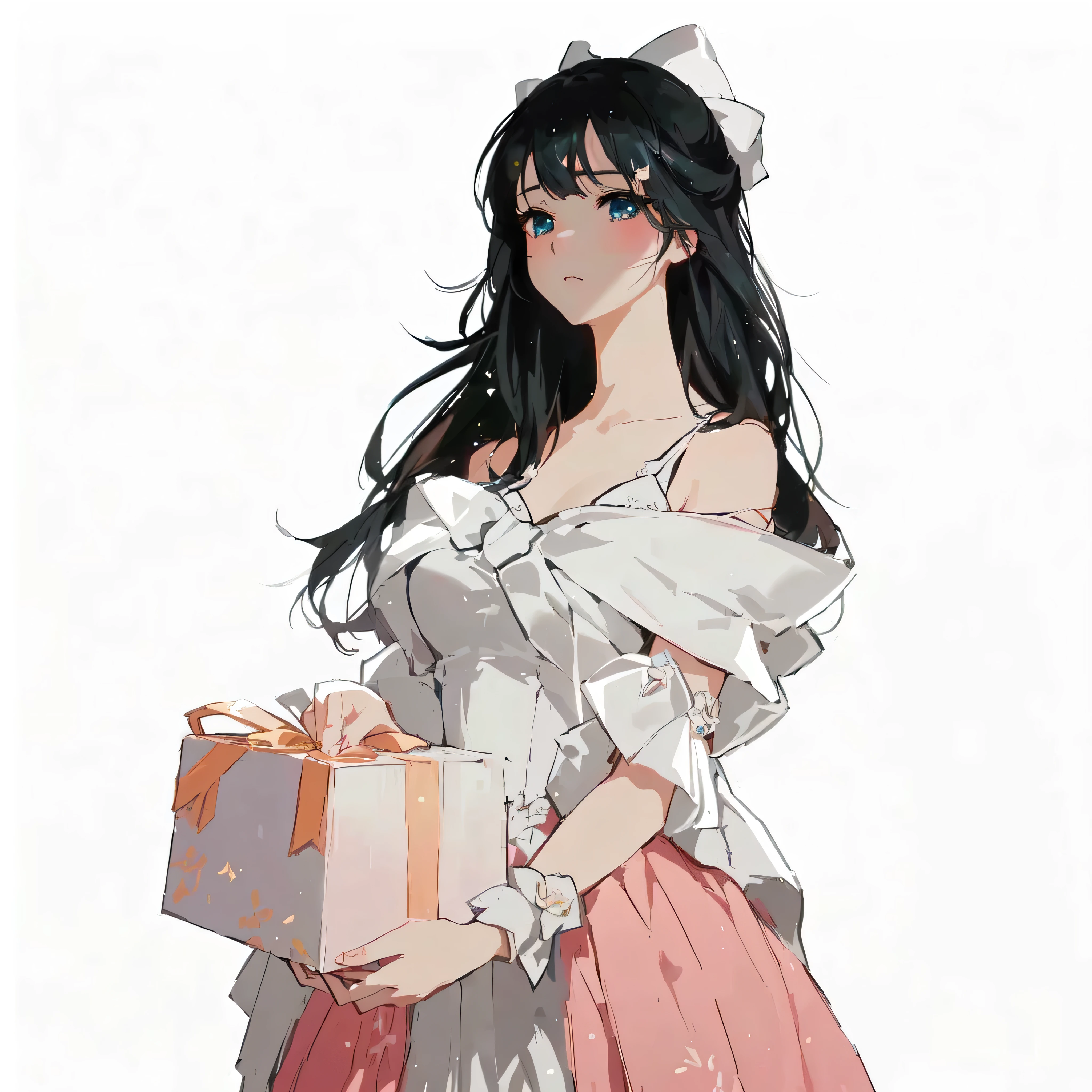 anime girl with a gift box and bow in her hand, Guweiz, artwork in the style of guweiz, (anime girl), guweiz on pixiv artstation, Guweiz on Artstation Pixiv, beautiful anime girl, cute anime waifu in a nice dress, pretty anime girl, beautiful anime portrait, attractive anime girl.Perfect anatomical structure，masterpiece，Best quality，16K，Beautiful and delicate growth，Rich in details，Masterpiece，Clean shaping,beautiful clothes，Costumes full of details，Film texture，Atmospheric illustrations，Movie Light