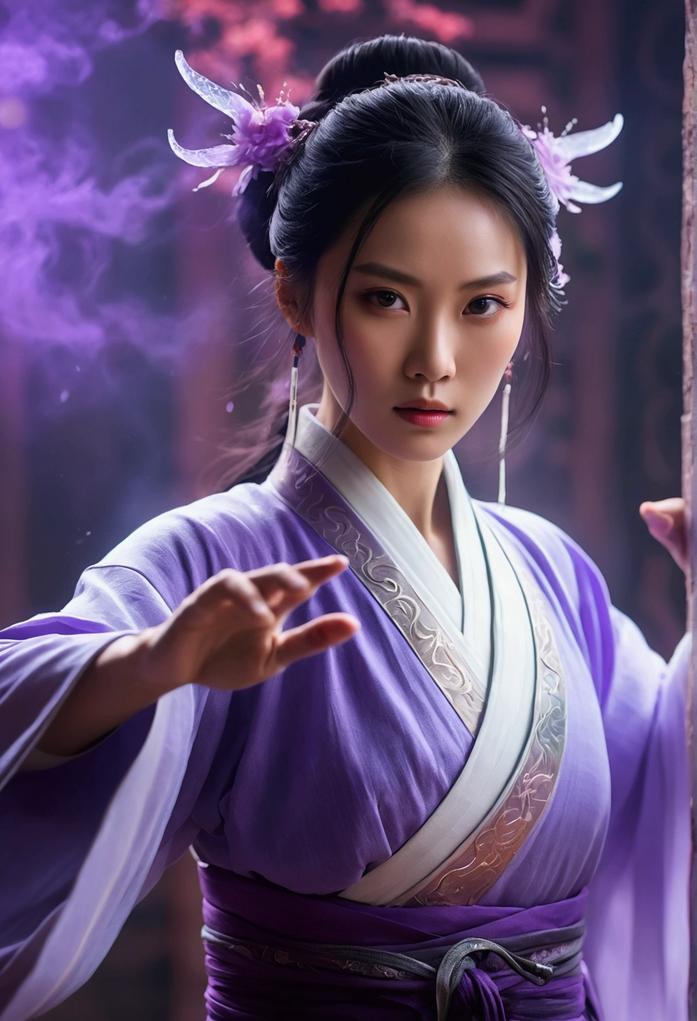 Handsome Chinese woman, Sharp eyes, Distinct facial features, Wearing Hanfu, Combat Stance, Martial arts movements, A body enveloped in purple mist, Runes, Holographic Reality, Holographic Halo, Motion Blur, Game light effect, Edge Light, Soft Light, movie Edge Light, Delicate Light, masterpiece, Very detailed, A magnificent composition, Super HD, high quality, 最high quality, 32K