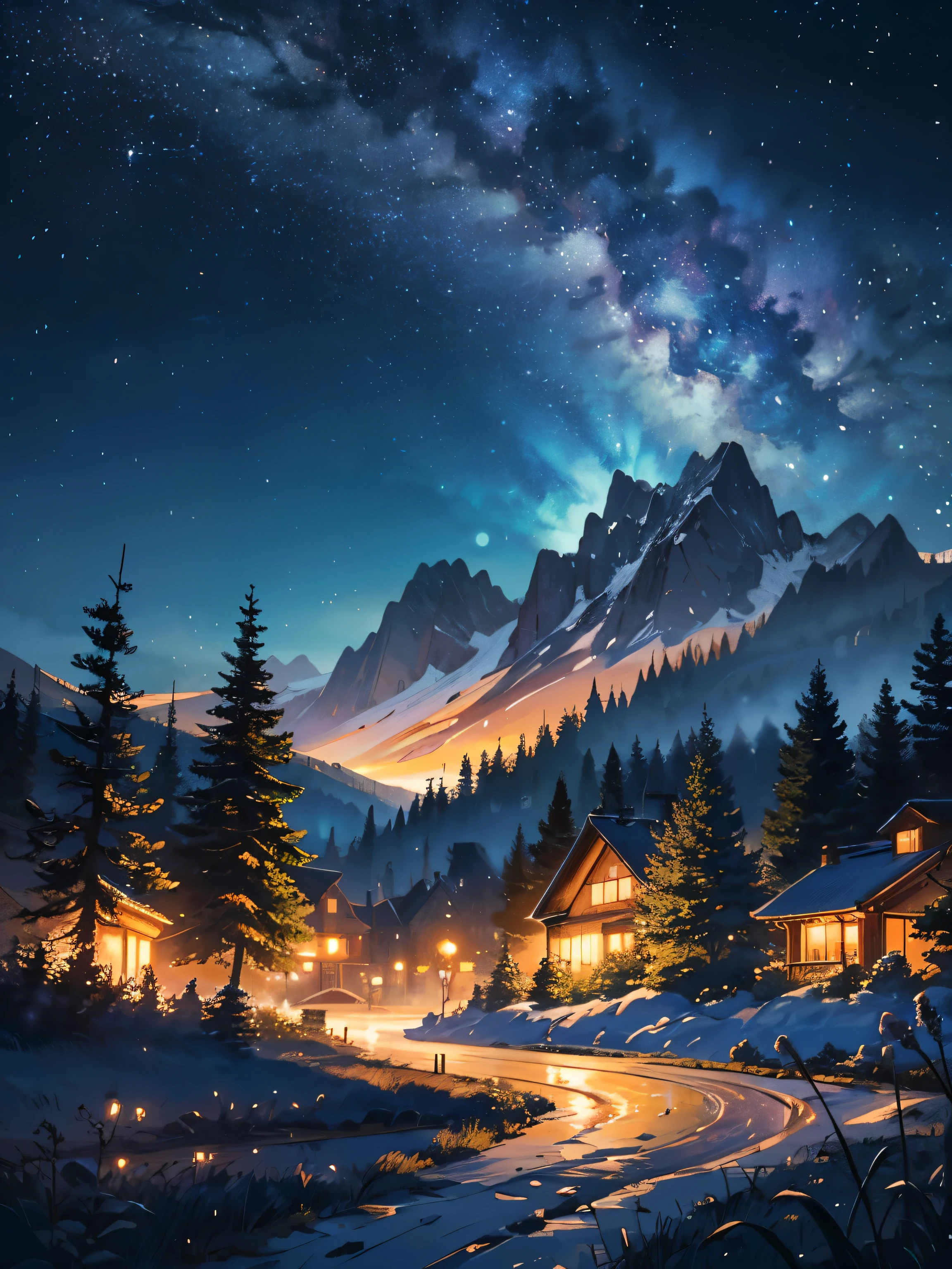 masterpiece, high quality, illustration, extremely detailed, landscape shot, mountains in the distance, forest at night, starry night,