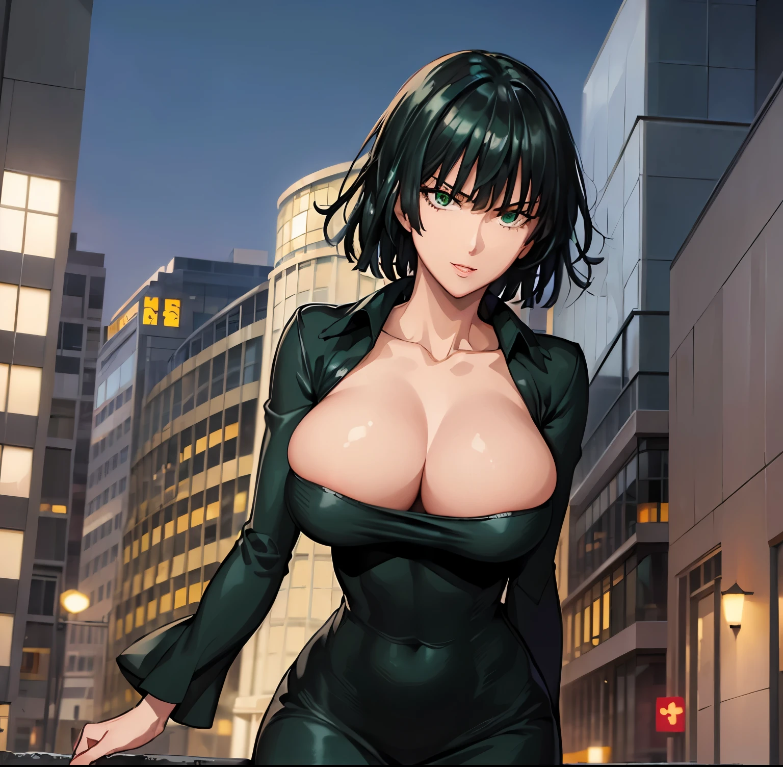 ((1girl)), ((alone)), Fubuki, ((Extremely detailed CG unity 4k wallpaper)), (Masterpiece), (ultra quality), (Ultra detailed), (best illustration), (best shadow ), (extremely detailed), looking at viewer, (absurdities), (detailed background), curvy body, dynamic pose, cowboy photo, large breasts, narrow waist, wide hips, medium thighs, round butt, black hair, ( green eyes: 1.2), short short hair, big breasts, black dress, dress, white fur coat, turtleneck, jewelry, necklace, trimmed shoulders, tight clothing, well dressed, smile, open mouth, seductive, standing, photo of cowboy, leaning forward, leaning, backlit, ((solo)), ((Standing:1.4, outdoors, city, cityscape, streets, night, streetlights City, arms behind back)), looking towards forward, ((focus on breasts), point of view: (from middle), perfect anatomy, perfect hands
