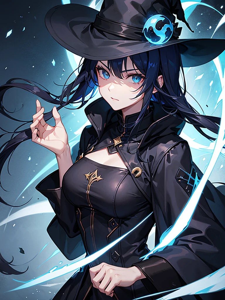 Woman, Mage, short dark blue hair, badass clothes, black hat, energy ball