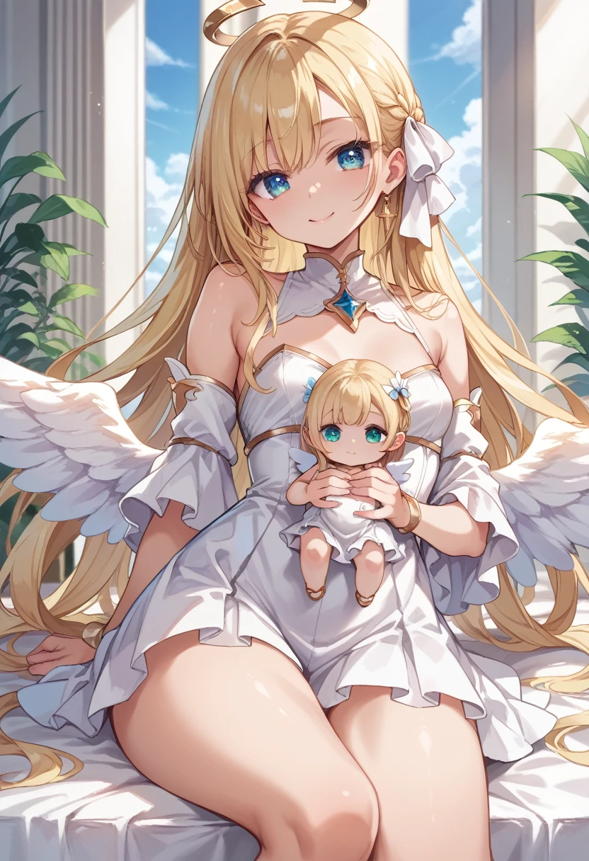 score_9, score_8_superior, 4K, 8k, Detailed face, sauce_anime, Self-satisfied angel girl with small breasts, pretty girl, Thick thighs, Blonde, Long Hair, (300g minced pork), Angel Wings, White clothes, White Baby Doll,