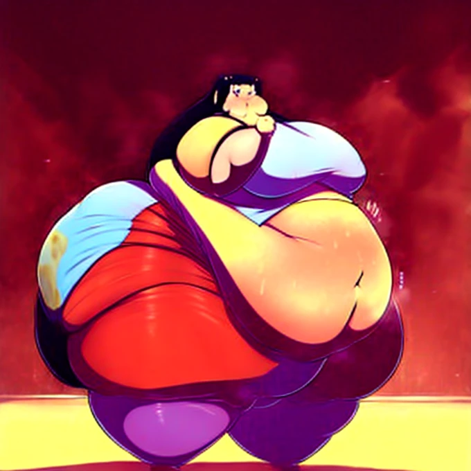 A adult woman wearing a diaper filled to the brim with poop, gargantuanly sized diaper, poop all over the room, ussbbw, naked, no clothes, nsfw, sexy, obese, overweight, colossal body, fat, chubby body, massive ass, thick legs, extremely tall, chubby arms, immobile, Double chin, Cheek, Thick neck, thick arms, fat belly, flabby belly, flabby belly fat, extremely long hair, hair not put up, hair touching the floor, smells, looks like she haven’t showered in years,