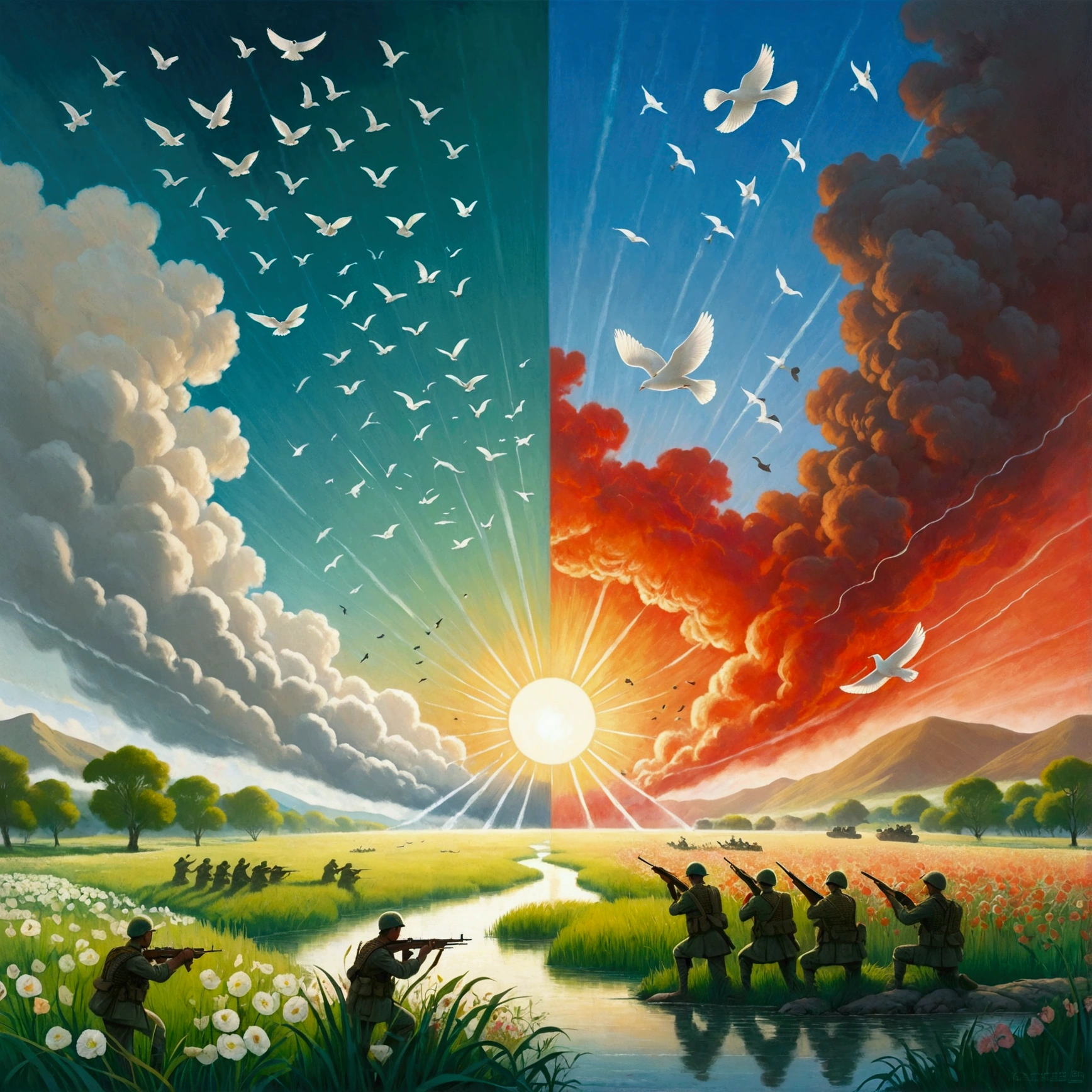 A balanced composition split into two halves, representing peace and war. On the left, illustrating peace: a calm, serene setting with doves flying against a clear blue sky. The backdrop contains lush green meadows and a pristine river flowing gently. On the right, illustrating war: the atmosphere is drastically different with a tumultuous, fiery landscape. There are silhouettes of soldiers with their weapons in the background, under a sky filled with smoke and distant explosions. Please render this in a realistic style.