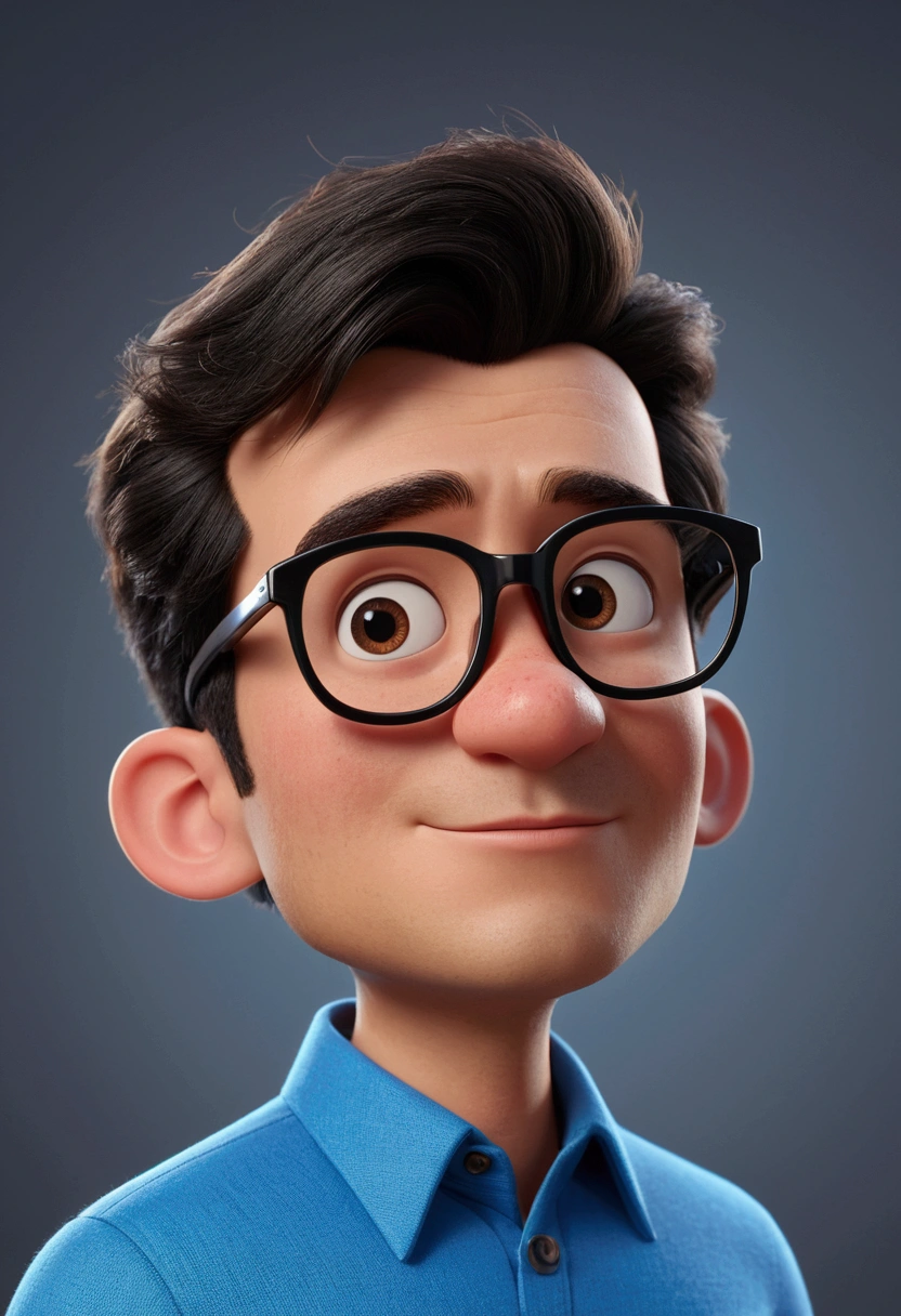 Cartoon character of a man in black glasses and blue shirt, animation character, stylized character, animation style rendering, 3d stylized, Arnold Maya rendering, Stylized 3D rendering, toon render screenshot, 3d character, 3d character, Stylized 3D rendering, 3D character rendering, cartoon character, Personagem de close up, character posing,  (Pixar-style) (master part:1.2) (bokeh) (best qualityer) (skin detailed) (detailed texture) (8k) (Argilla) (cinematic lighting) (sharp focus