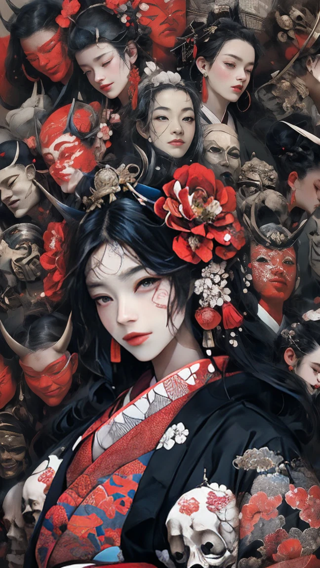 (masterpiece:1.2), Highest quality,Pixiv,
Black Hair, kimono, flower柄プリント, One girl, hair ornaments, horn, Sitting, View your viewers, flower, kimono, blue eyes, hair flower, Earrings, Long Hair, Haori, jewelry, with own hands, Tassel, Wide sleeves, Red eyes, Mouth closed, Long sleeve, print kimono, black kimono, In the same way, bangs, smile