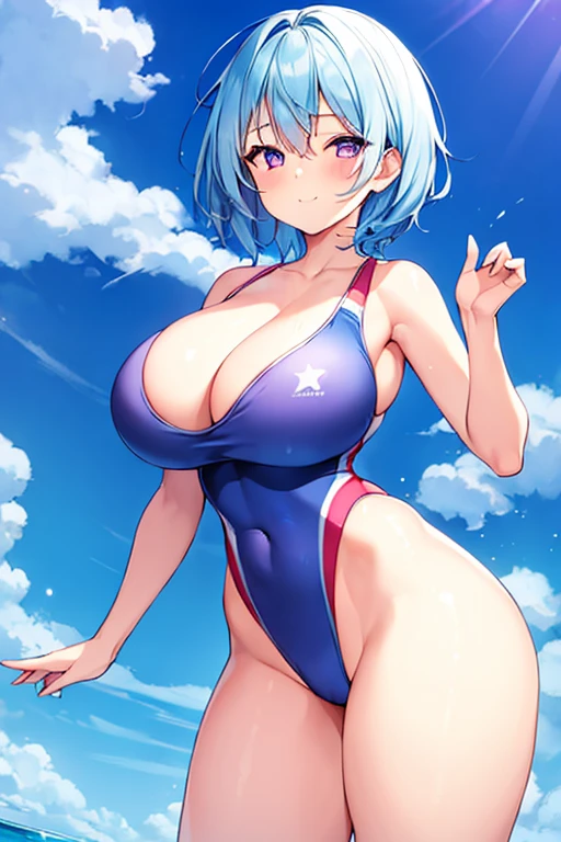 1girl, light blue hair, blue hair, very short hair, one eye closed, purple eyes, large breasts, thick thighs, hourglass figure, cute face, light smile, beach, one-piece swimsuit, competition swimsuit, ((competition swimsuit)), blue one-piece swimsuit, red trim