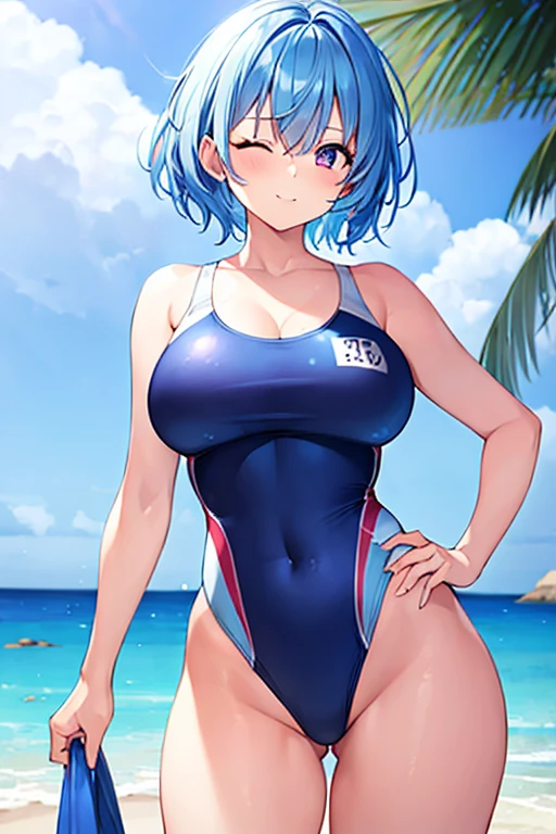 1girl, light blue hair, blue hair, very short hair, one eye closed, purple eyes, large breasts, thick thighs, hourglass figure, cute face, light smile, beach, one-piece swimsuit, competition swimsuit, ((competition swimsuit)), blue one-piece swimsuit, red trim