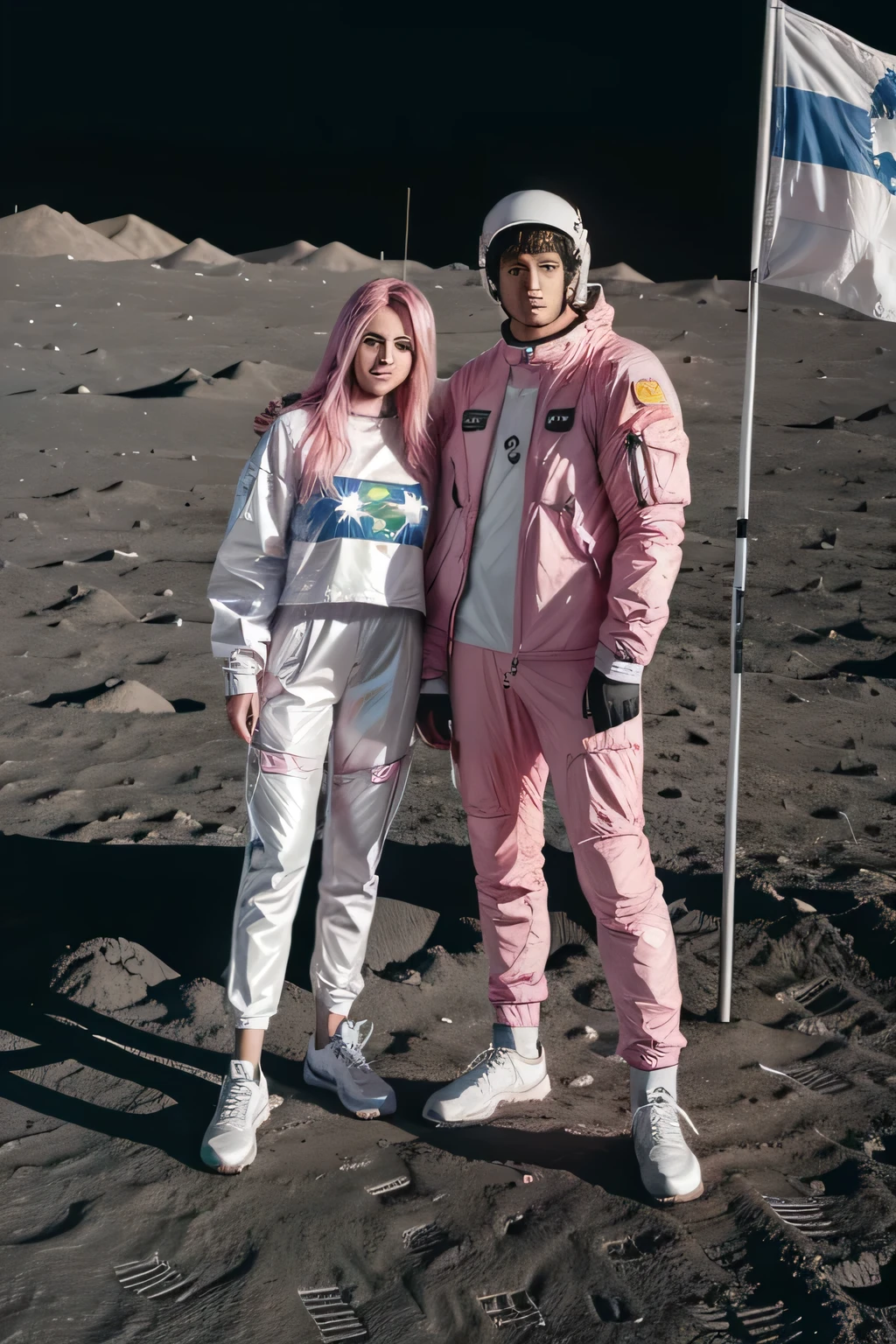man in silver clothes and woman in pink clothes standing on the moon and holding a Brazilian flag