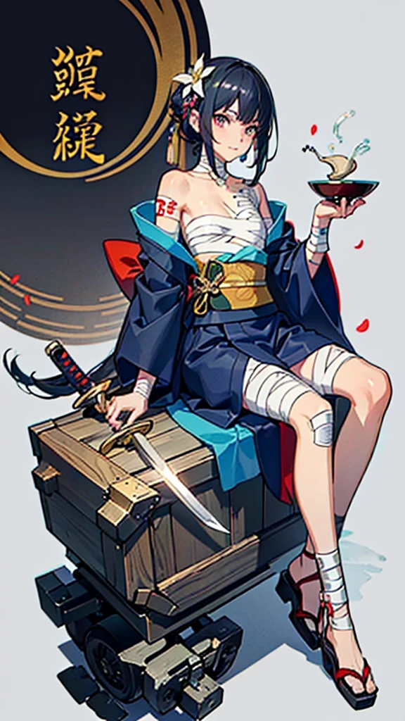 (((((roll up bandage sideways on a chest tightly to cover the chest without gaps))))), (((bandage samweways))), the bantage is no chest shape, flat chest, ((Japanese Gangster BOSS)), adult woman with the dignified presence, Killing Qi, wear nothing around shoulder, wear nothing around neck, wear the kimono, wear it below the waist, (I wind it up to control it, and to attach it), ((kimono come off)) ,wear the kimono multiple times, Bare shoulders and the clavicle, black and gold kimono, put on over jacket of kimono, (holding a japanese sword which shine in purple, The handole of the sword is black, and the blade is gray, long sword), eye fire, low angle, whole body, bandage is seen, anime character, Glaring, off sholder, nappropriate smile, Excellent, black blue hair, can see both shoulder, ((long kimono hem)), small face, ((some cherry blossam big tattoo on the arm)),((Sit with your legs folded)), ((background Japanese gate with circlr mark)),muscular,drink sake,fullmoon in the sky, The kimono is spreading,(((ultra-detailed))),super beautiful,Masterpiece,Killing Qi,Intimidation,zoom up