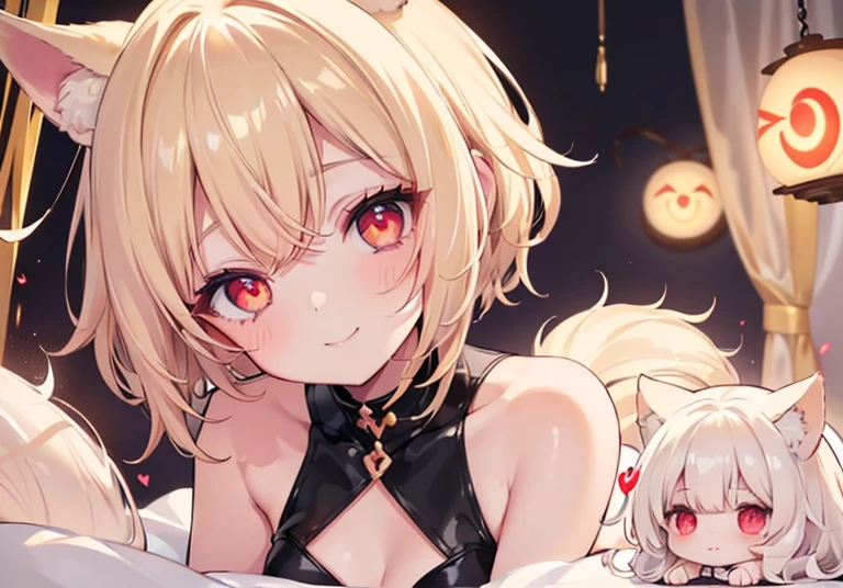 One girl,Sexy cute girl,Shiny gold platinum blonde hair, Bobcut,Curly Hair、Dog Ears、Red glowing eyes、Cute eyes with attention to detail,(Glowing Eyes:1.4),Laugh heartily,((Droopy eyes)),Golden Mini Dresses、Wink、smile、Chibi Character