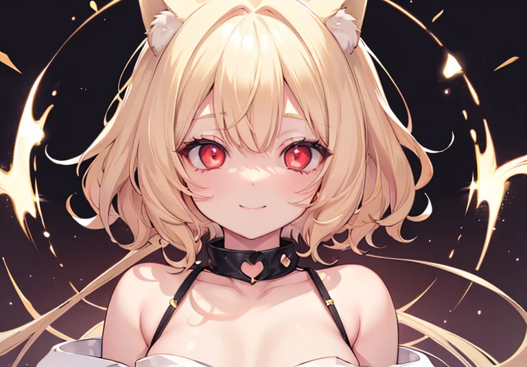 One girl,Sexy cute girl,Shiny gold platinum blonde hair, Bobcut,Curly Hair、Dog Ears、Red glowing eyes、Cute eyes with attention to detail,(Glowing Eyes:1.4),Laugh heartily,((Droopy eyes)),Golden Mini Dresses、Wink、smile、Chibi Character