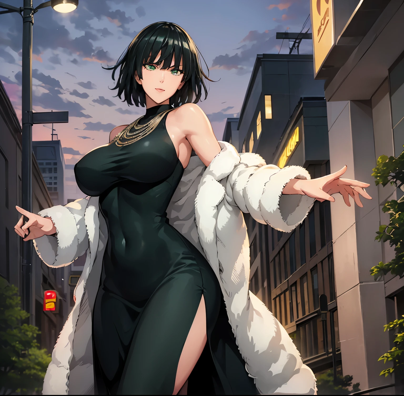 ((1girl)), ((alone)), Fubuki, ((Extremely detailed CG unity 4k wallpaper)), (Masterpiece), (ultra quality), (Ultra detailed), (best illustration), (best shadow ), (extremely detailed), looking at viewer, (absurdities), (detailed background), curvy body, dynamic pose, cowboy photo, large breasts, narrow waist, wide hips, medium thighs, round butt, black hair, ( green eyes: 1.2), short short hair, big breasts, black dress, dress, white fur coat, turtleneck, jewelry, necklace, trimmed shoulders, tight clothing, well dressed, smile, open mouth, seductive, standing, photo of cowboy, leaning forward, leaning, backlit, ((solo)), ((Standing:1.4, outdoors, city, cityscape, streets, night, streetlights City, arms behind back)), looking towards back, from behind, ((focus on ass), point of view: (from below), perfect anatomy, perfect hands