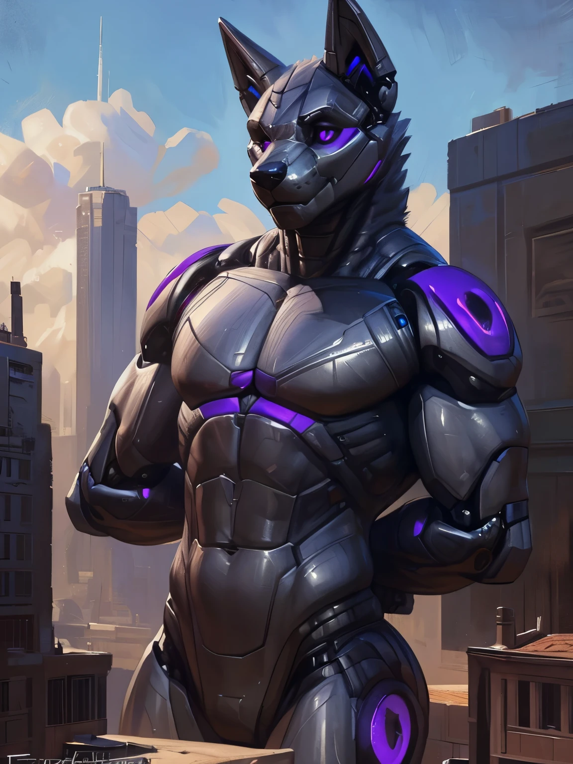 By taran fiddler, by pixelsketcher, by darkgem, by honovy, by foxovh, solo, male, lean, athletic, (canine), wolf, ((robotic, military cyborg, plastic body, synthetic face, grey body)), purple glow, detailed purple eyes, (hands behind back), nude, macro in city