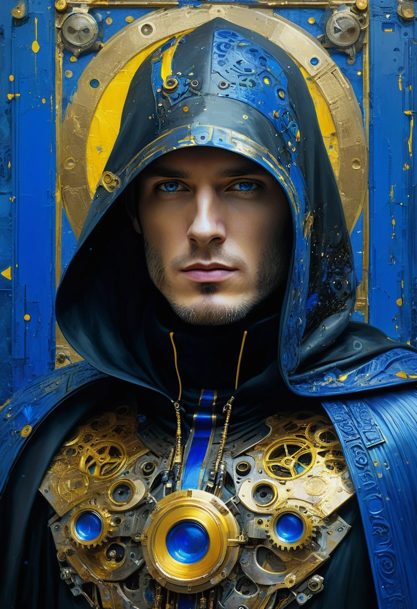 Hacked hooded dude in black cape, man with steampunk implants, futuristic vintage biomechanics, royal blue, golden yellow, blue and yellow painting with high relief texture, 4D, 8k, high tech, futuristic, ornamental photorealism, abstract impressionism, art por Jeremy Mann