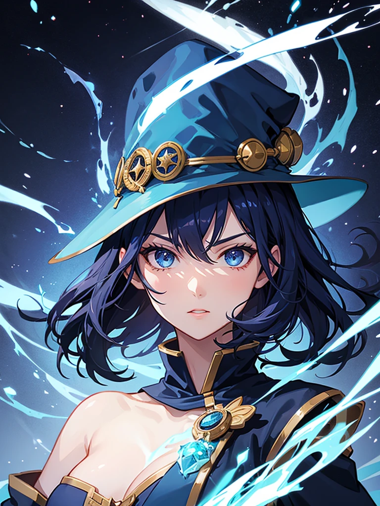 Woman, Mage, short dark blue hair, badass magician clothes, mage hat, elemental master