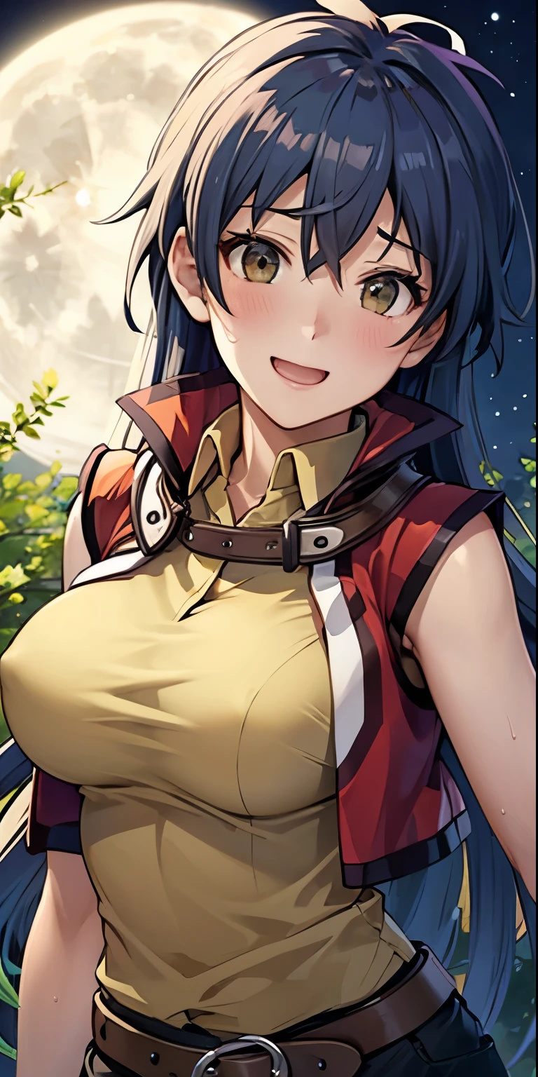 1 Female,High definition,high resolution,Ultra-realistic,8K, 8K, hmrei, long hair, red jacket, collared shirt, yellow shirt, sleeveless, belt, black shorts,European,sexy,Upper body close-up,Photographed from the front,Dynamic Angles,(blush),( big tits), happy, wink the eye,facial, sweat,multicolored hair , outdoors, moonlight, night ,leaf , windy,tree background 