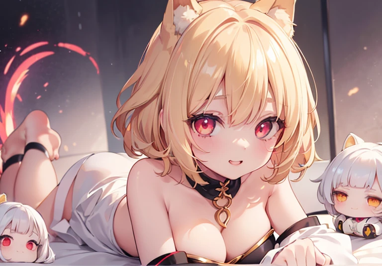 One girl,Sexy cute girl,Shiny gold platinum blonde hair, Bobcut,Curly Hair、Dog Ears、Red glowing eyes、Cute eyes with attention to detail,(Glowing Eyes:1.4),Laugh heartily,((Droopy eyes)),Golden Mini Dresses、Wink、smile、Chibi Character