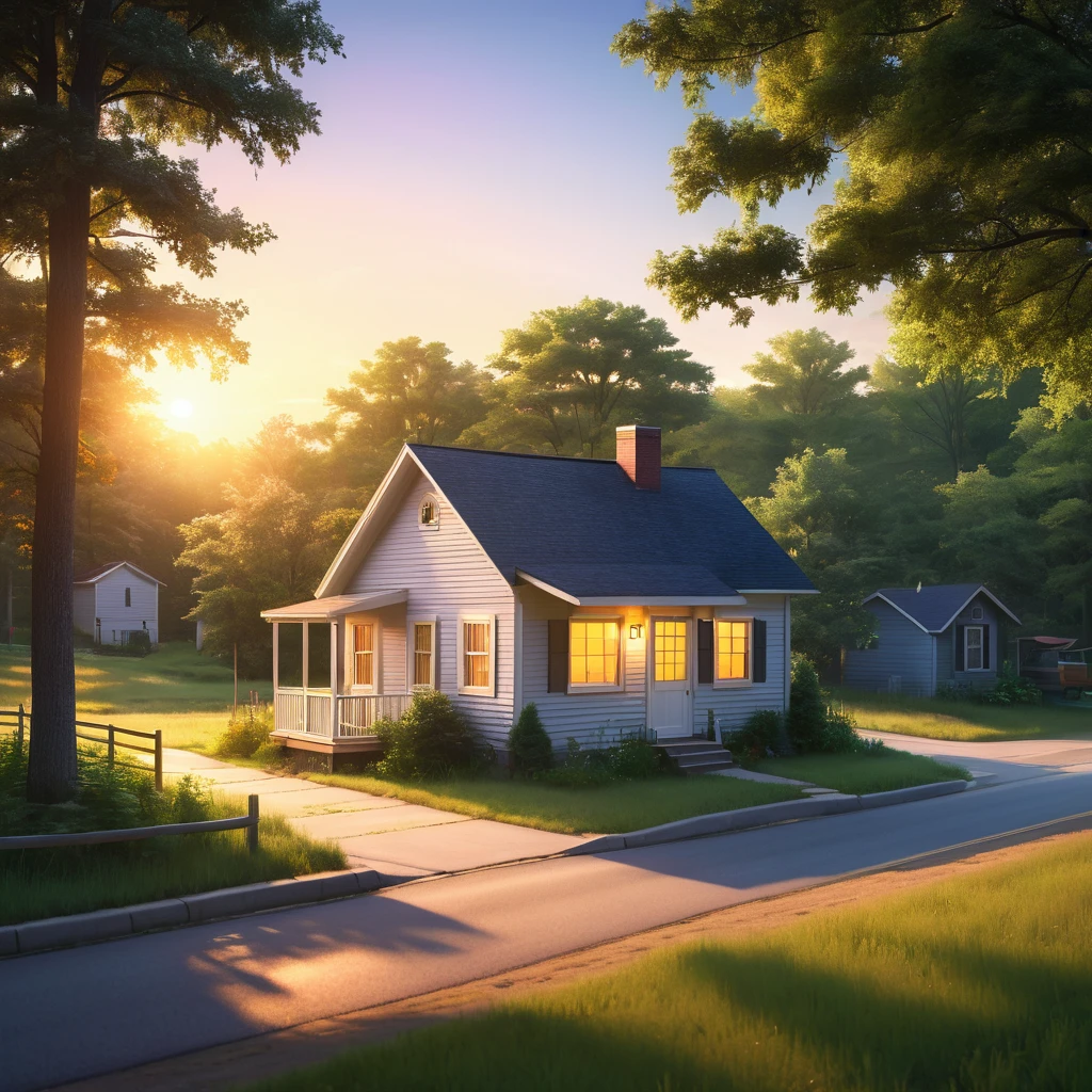 very small house on the outskirts of a small township in the north of the usa, at the end of the street, behind the house you can see the forest, summer, setting sun, Warm sunset, soft light of the evening sun, soft sunlight, realistic, photorealistic, cinematic, soft colors