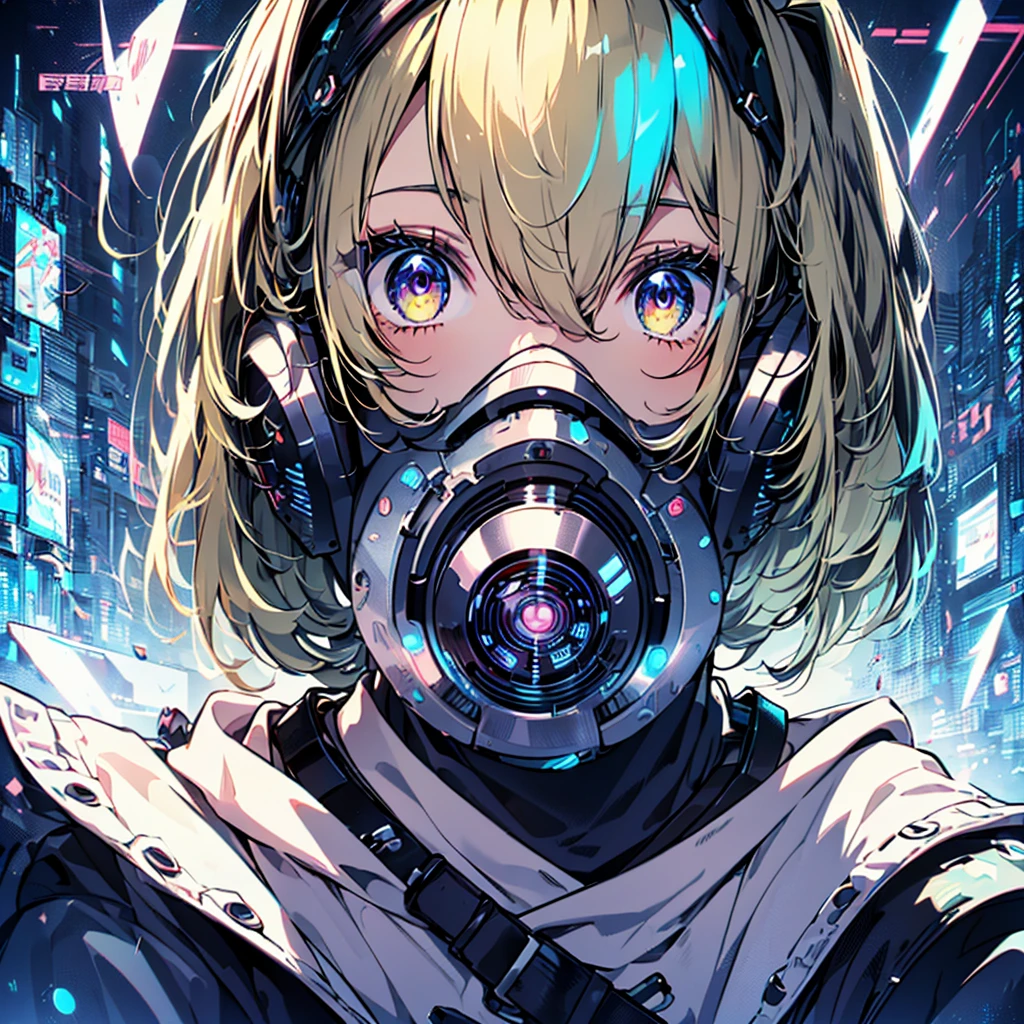 1girl,(((Highest quality、Masterpiece、Official Art、The best dynamic composition、Super detailed、Anime Style、cyber punk)))、profile、Face close-up、gas mask、Futuristic neon geometric background、