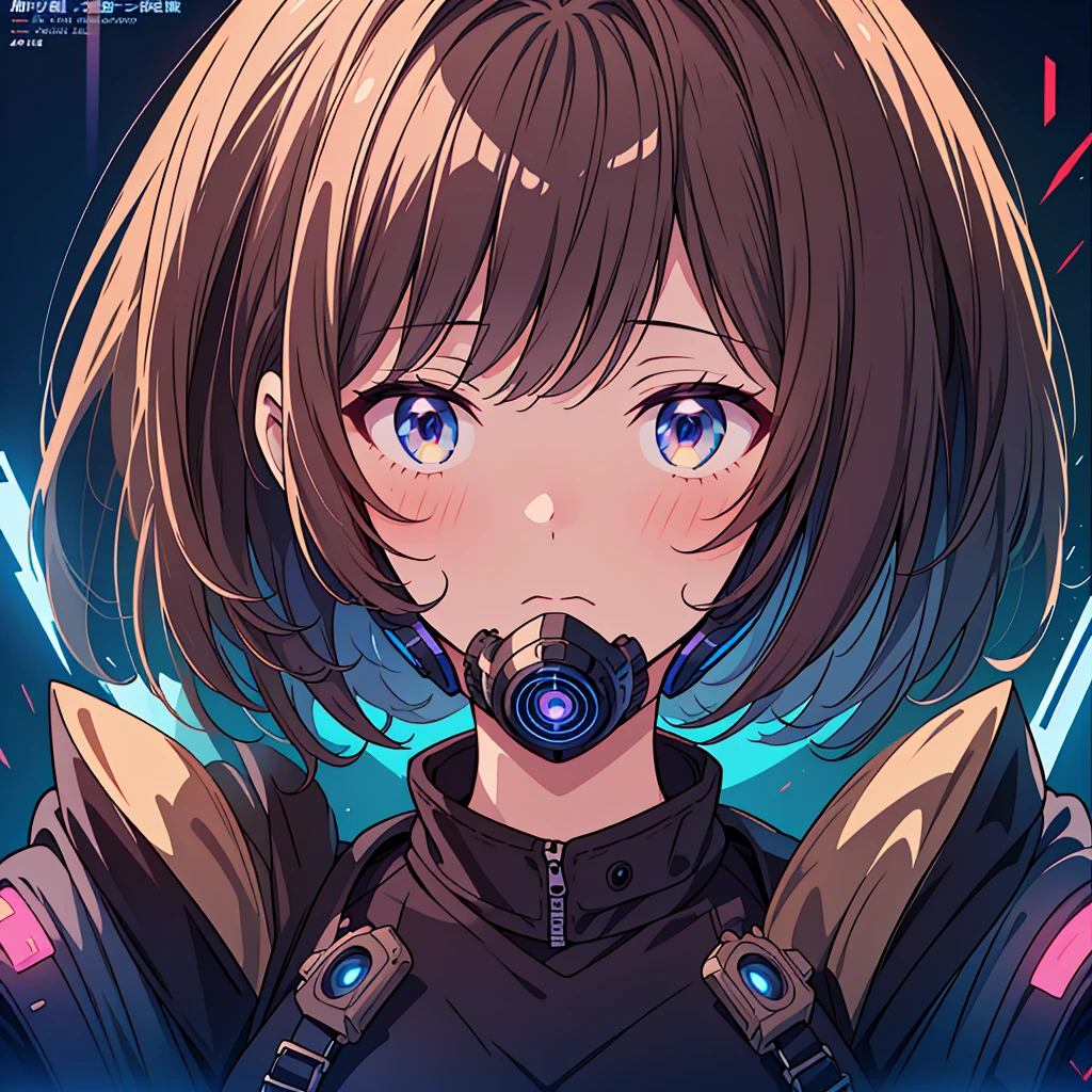 1girl,(((Highest quality、Masterpiece、Official Art、The best dynamic composition、Super detailed、Anime Style、cyber punk)))、profile、Face close-up、gas mask、Futuristic neon geometric background、