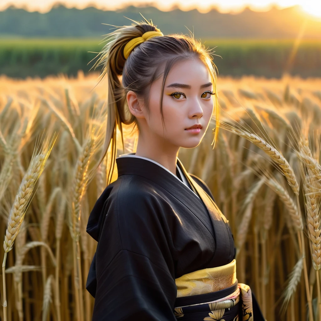 A girl in a kimono with a blank look stands waist-deep in a field of wheat, a black kimono with gold edges, her hair is tied in a ponytail, yellow eyes, the sunset is reflected in her eyes, the light falls on her face, half-sideways to the camera