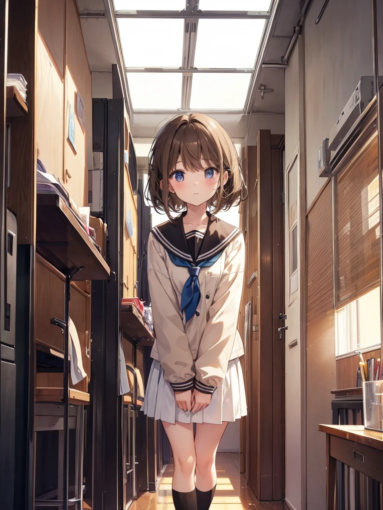 five girls, school, class, (black hair), blond, (((light brown))), standing, silver, short, long, face
