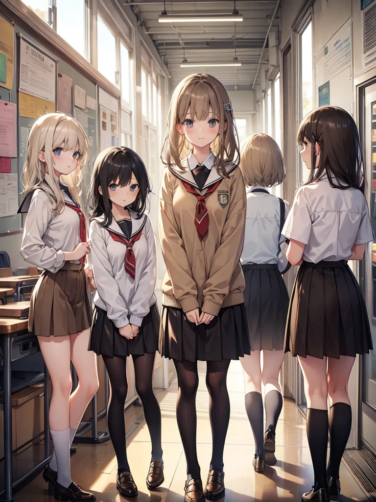five girls, school, class, (black hair), blond, (((light brown))), standing, silver, short, long, face
