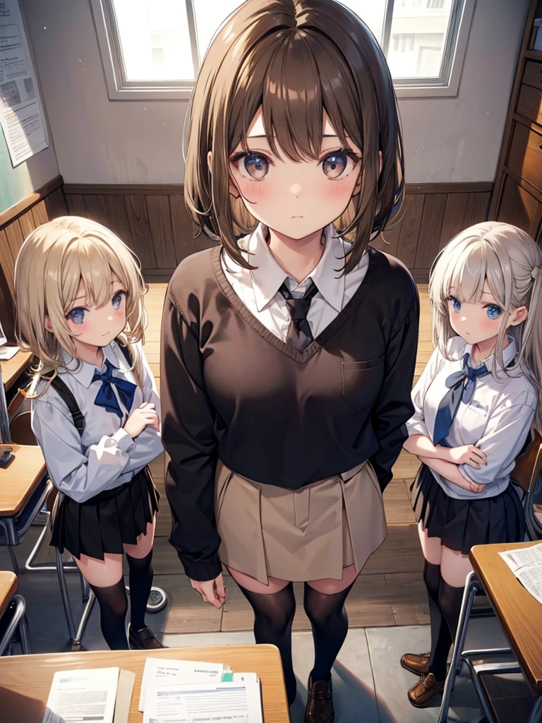 five girls, school, class, (black hair), blond, (((light brown))), standing, silver, short, long, face