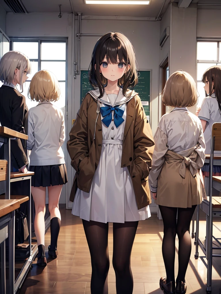 five girls, school, class, (black hair), blond, (((light brown))), standing, silver, short, long, face
