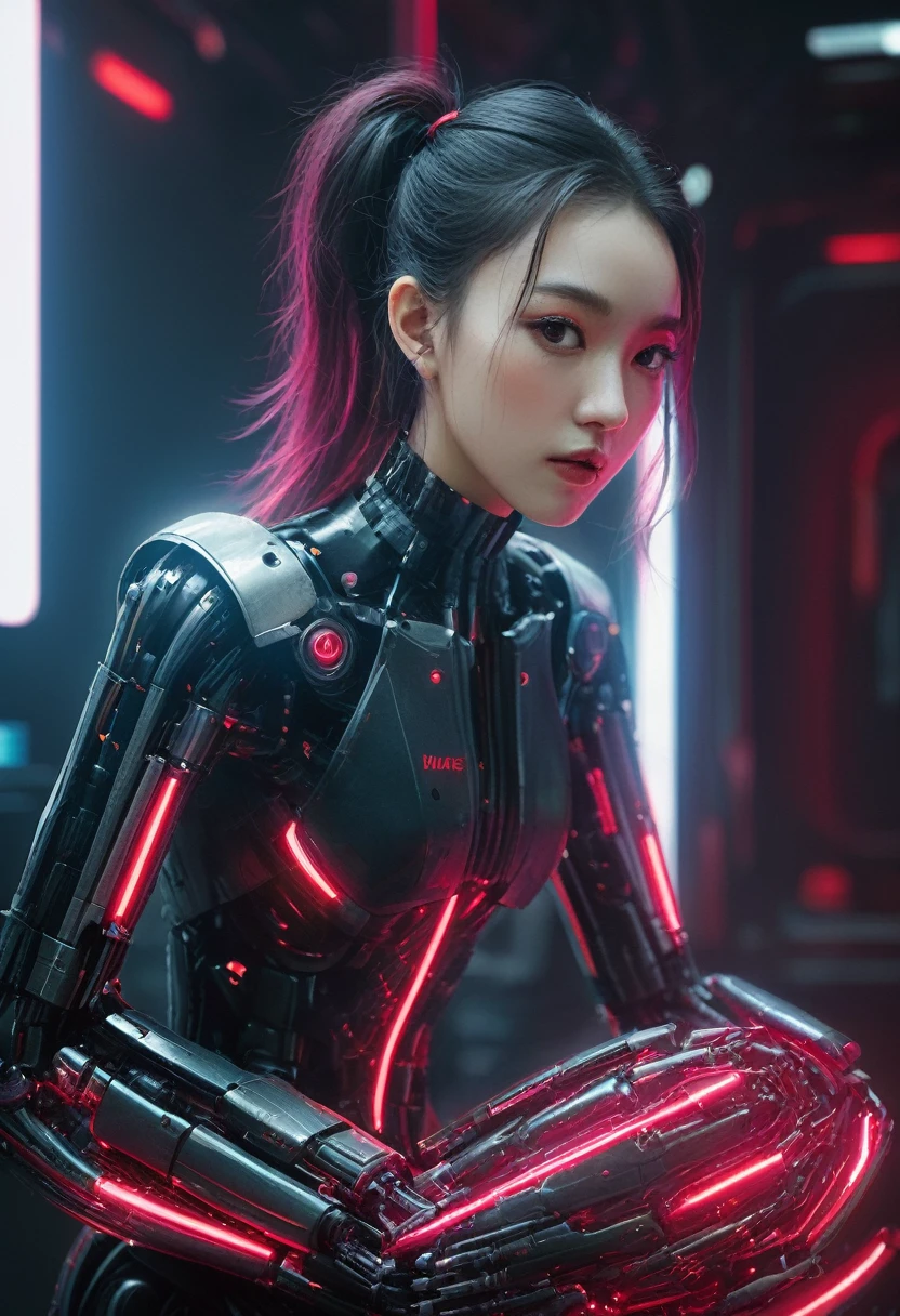 xxmixgirl. Highly detailed professional 35mm film, bokeh, face in sharp focus. A robotic female, Miku, with ((metal skin)), ((perfect Asian eyes)) with magenta irises and ((black pupils)), beautiful serious (detailed face), 18 year old ((photorealistic face)), very long magenta twin tails of magenta hair, twin black hair ties with a single red stripe. She may have a black audio headpiece. We can see her ((full body)) down to her boot soles. Her outfit is a sleeveless collared light grey shirt, outlined in red around the frilled collar and hems. Shiny reflective ((metallic breast cups, dimpleless)), invisible nipples. She wears black sleeves with red hems that start around her upper arm and bellow out as the sleeves open and extend to her wrists, with wide trumpet red rimmed cuffs. She has perfect robotic (detailed hands). She wears a red colored tie with two horizontal solid parallel black lines halfway across. She wears a fabric black skirt with a horizontal red hem at the bottom all the way around; her (((black skirt wraps around her))) and ((her skirt completely covers)) her robotic waist and thighs. Tall black boots with red bottom soles, a red rim around the top at her thighs. Her mechanical shoulder joints are visible. We can see her robotic legs and robotic neck. Half of her is covered with shiny polished machinery. The background is a distant dark neon futuristic Japanese city, gold, cyan, violet neon, near harbor or mountains.