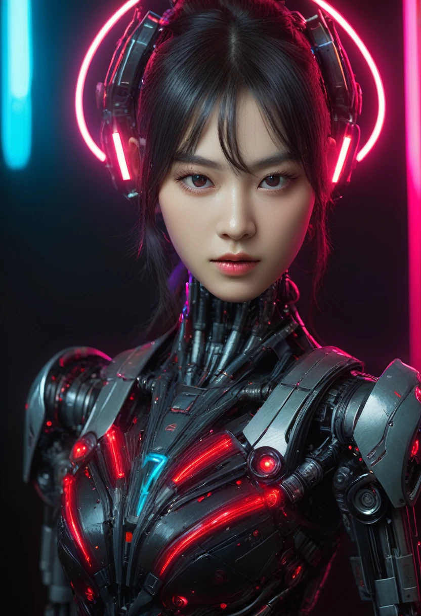 xxmixgirl. Highly detailed professional 35mm film, bokeh, face in sharp focus. A robotic female, Miku, with ((metal skin)), ((perfect Asian eyes)) with magenta irises and ((black pupils)), beautiful serious (detailed face), 18 year old ((photorealistic face)), very long magenta twin tails of magenta hair, twin black hair ties with a single red stripe. She may have a black audio headpiece. We can see her ((full body)) down to her boot soles. Her outfit is a sleeveless collared light grey shirt, outlined in red around the frilled collar and hems. Shiny reflective ((metallic breast cups, dimpleless)), invisible nipples. She wears black sleeves with red hems that start around her upper arm and bellow out as the sleeves open and extend to her wrists, with wide trumpet red rimmed cuffs. She has perfect robotic (detailed hands). She wears a red colored tie with two horizontal solid parallel black lines halfway across. She wears a fabric black skirt with a horizontal red hem at the bottom all the way around; her (((black skirt wraps around her))) and ((her skirt completely covers)) her robotic waist and thighs. Tall black boots with red bottom soles, a red rim around the top at her thighs. Her mechanical shoulder joints are visible. We can see her robotic legs and robotic neck. Half of her is covered with shiny polished machinery. The background is a distant dark neon futuristic Japanese city, gold, cyan, violet neon, near harbor or mountains.