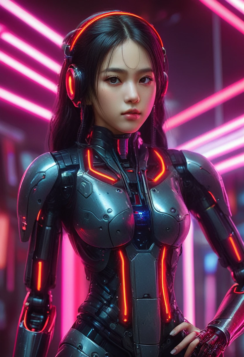 xxmixgirl. Highly detailed professional 35mm film, bokeh, face in sharp focus. A robotic female, Miku, with ((metal skin)), ((perfect Asian eyes)) with magenta irises and ((black pupils)), beautiful serious (detailed face), 18 year old ((photorealistic face)), very long magenta twin tails of magenta hair, twin black hair ties with a single red stripe. She may have a black audio headpiece. We can see her ((full body)) down to her boot soles. Her outfit is a sleeveless collared light grey shirt, outlined in red around the frilled collar and hems. Shiny reflective ((metallic breast cups, dimpleless)), invisible nipples. She wears black sleeves with red hems that start around her upper arm and bellow out as the sleeves open and extend to her wrists, with wide trumpet red rimmed cuffs. She has perfect robotic (detailed hands). She wears a red colored tie with two horizontal solid parallel black lines halfway across. She wears a fabric black skirt with a horizontal red hem at the bottom all the way around; her (((black skirt wraps around her))) and ((her skirt completely covers)) her robotic waist and thighs. Tall black boots with red bottom soles, a red rim around the top at her thighs. Her mechanical shoulder joints are visible. We can see her robotic legs and robotic neck. Half of her is covered with shiny polished machinery. The background is a distant dark neon futuristic Japanese city, gold, cyan, violet neon, near harbor or mountains.