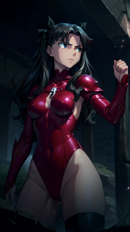 ((tohsaka_rin_fatestaynightufotable, anime_style)), grand mage armour, skimpy leotard armour, jewels and magic, action pose, posing, seductive, 4k, highres, masterpiece, HDR, UHD, sharp focus, highly detailed armour, (a beautiful detailed anime girl with long red hair in a seductive action pose, wearing a grand mage armour with a leotard-style armour design, jewels and magic effects, 4k, highres, masterpiece, HDR, UHD, sharp focus, highly detailed armour, photorealistic, cinematic lighting)