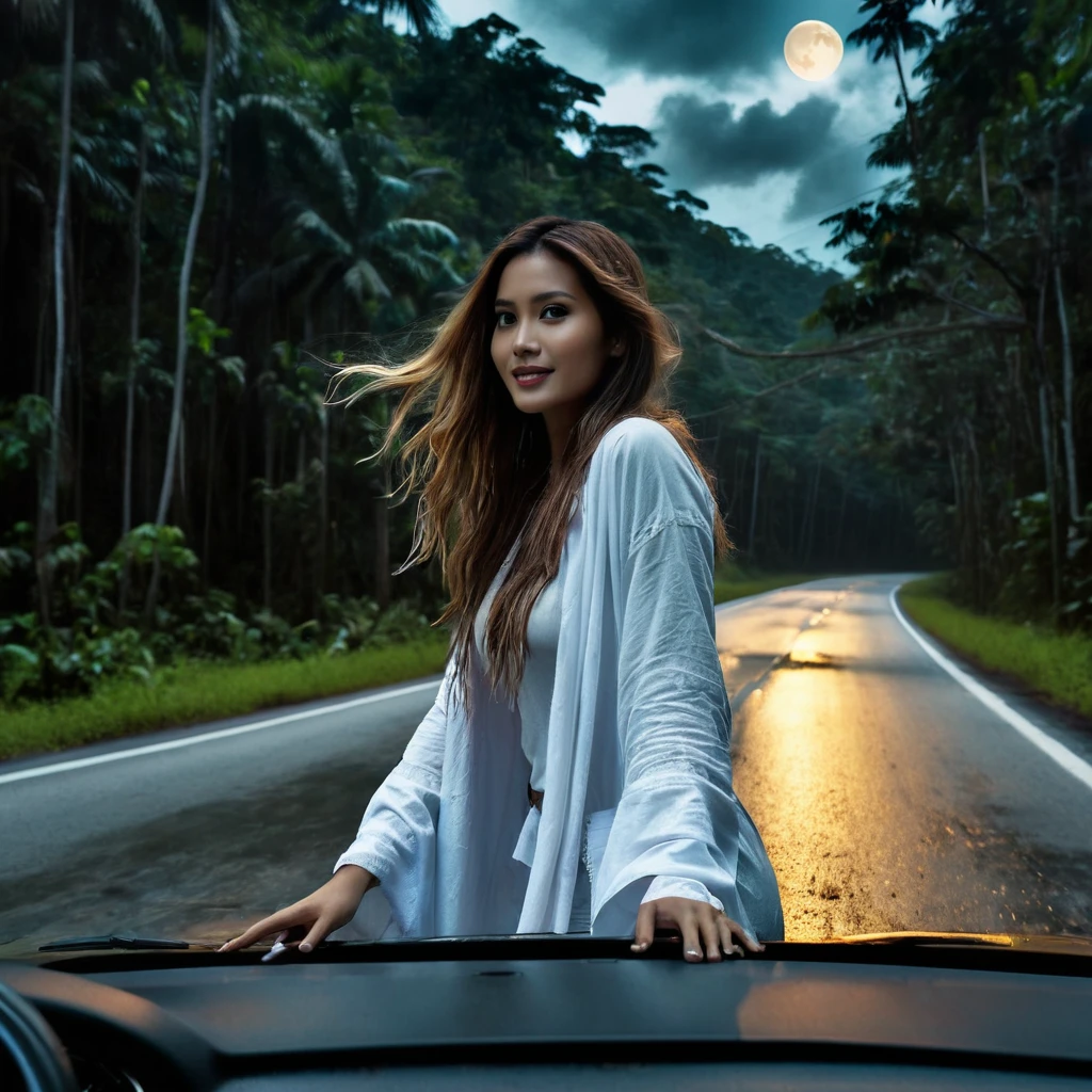 in the gloomy dark night of an old road in tropical forest of Malaysia. Camera shot from a car dashboard, (inside the car) Dramatic sky. moon light spill on the road. there is a beautiful woman standing tilted in the middle of the road. scary smiling to the camera. she is wearing white dirty cloths, she has very long hair, touched and swipe the ground ((30 feet hair long)) creepy situation. hyper realistic fantasy art. horror movie, extreme detail. natural light
