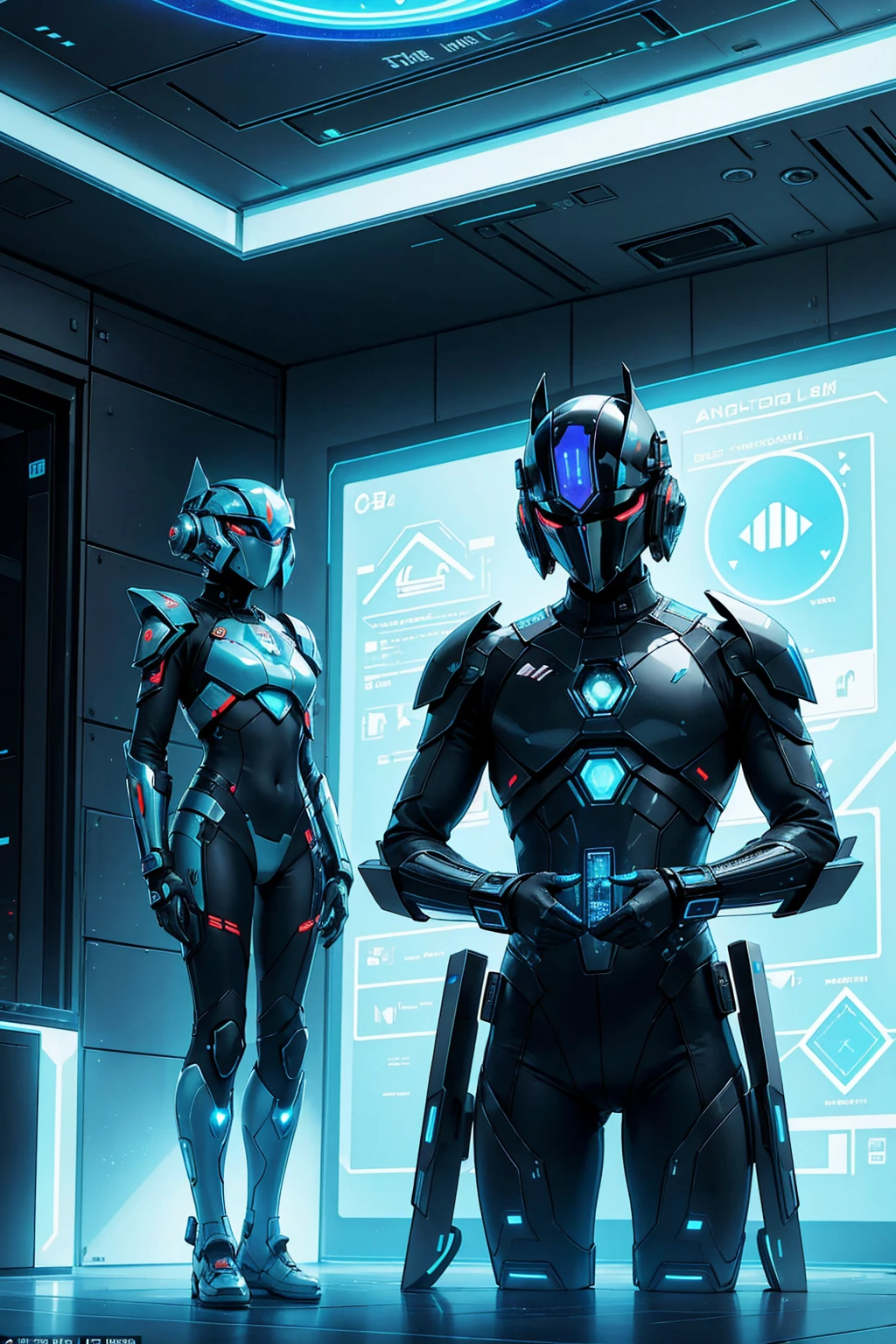 Environment: Futuristic room with control panels, holographic displays, and illuminated flooring.
Characters: Two or three Mandalorians in tech armor using a holographic tablet and futuristic Wi-Fi router.
Details: Include visible Wi-Fi connection signals.
QR Code Space: Reserve a clean area in the lower right corner for a QR code.