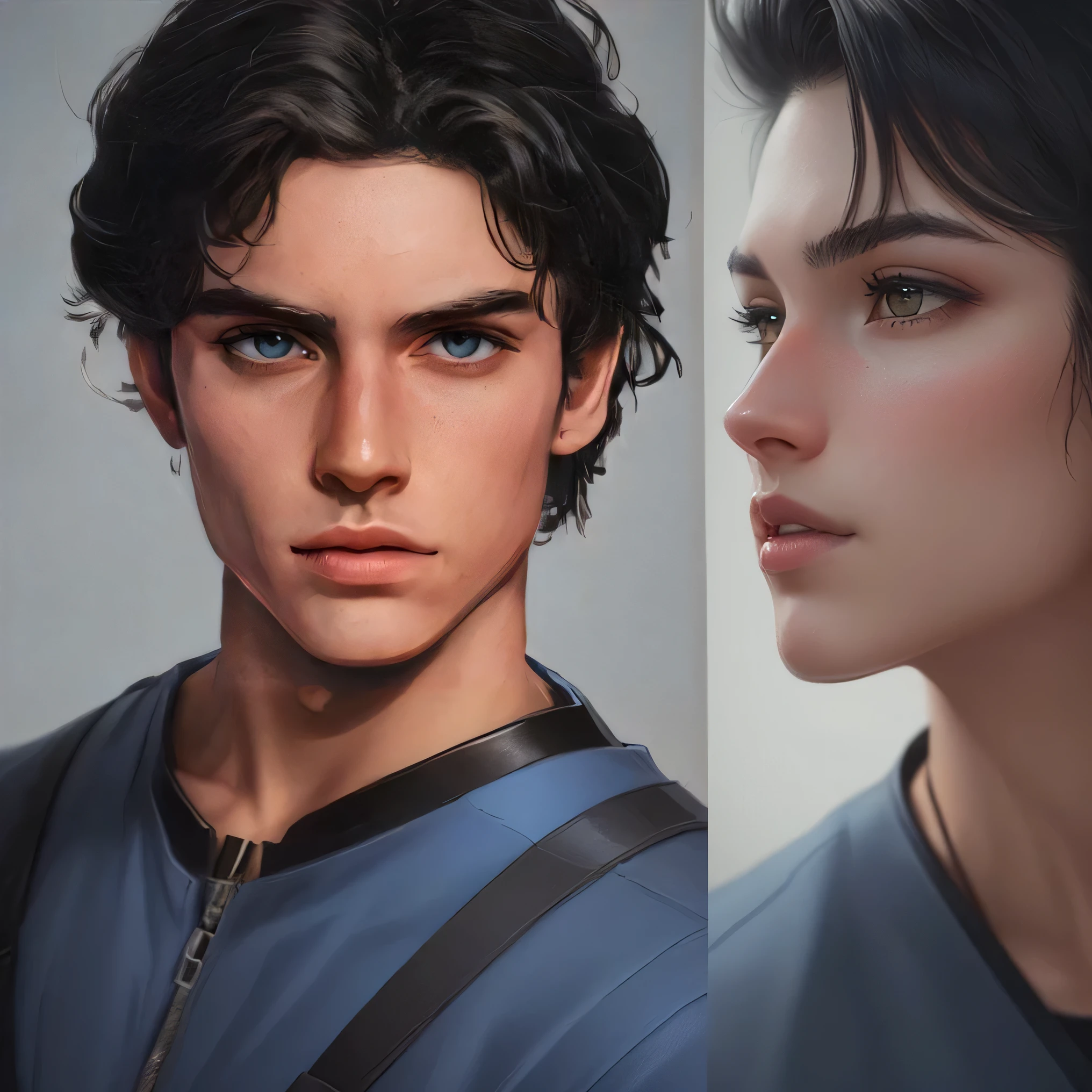 a close-up of a man with a blue shirt and black hair, Realistic art style, Detailed character portrait, realistic art style, hyperrealistic teenager, detailed realistic face, beautiful detailed face, detailed realistic faces, highly detailed realistic face, Detailed and realistic face, Detailed and precise face, Accurate ultra-realistic faces, character art portrait, Realistic and detailed face portrait, detailed attractive face