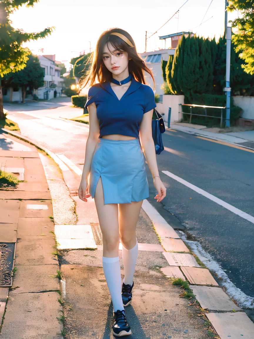 (1 lady), (Best quality at best:1.4), (ultra - detailed), (extremely detailed CG unified 16k), A Beautiful Woman with Perfect Figure: 1.4, Sharp Focus: 1.2, very detailed, High-definition RAW color photo, professional photoshooting, amazing face and eyes, cosmetics, (amazingly beautiful girl), ((suzumiya haruhi)), NOT Dasha Taran, ((kita high sch0ol uniform, blue sailor collar, blue skirt, armband, hairband, medium long hair, ribbon, socks)), standing, nature, tree, park, realistic cinematic face, head to feet long wide zoomed out view, full body long view, photorealistic, she is standing straight, ((realistic natural caramel brown hair style, brown eyes)), gorgeous, extremely beautiful face, perfect model beauty, pout mouth, Highly Detailed Face and Skin Texture, Detailed Eyes, Double Eyelids, Medium Breasts, smiling hard, western, (masterpiece), best quality, high resolution, extremely detailed, blurred background, depth of field, cinematic lighting, amazing legs, combat boots, clear and well-cared skin,