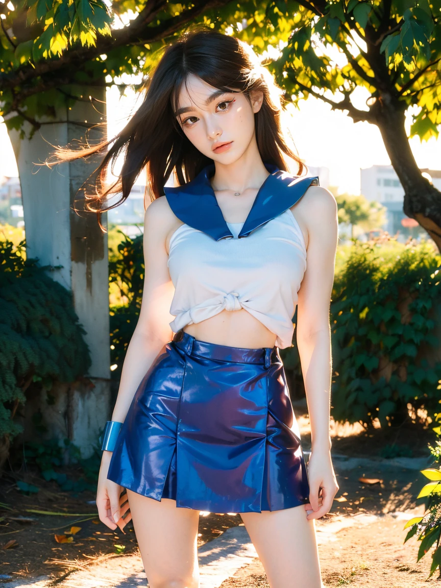 (1 lady), (Best quality at best:1.4), (ultra - detailed), (extremely detailed CG unified 16k), A Beautiful Woman with Perfect Figure: 1.4, Sharp Focus: 1.2, very detailed, High-definition RAW color photo, professional photoshooting, amazing face and eyes, cosmetics, (amazingly beautiful girl), ((suzumiya haruhi)), NOT Dasha Taran, ((kita high sch0ol uniform, blue sailor collar, blue skirt, armband, hairband, medium long hair, ribbon, socks)), standing, nature, tree, park, realistic cinematic face, head to feet long wide zoomed out view, full body long view, photorealistic, she is standing straight, ((realistic natural caramel brown hair style, brown eyes)), gorgeous, extremely beautiful face, perfect model beauty, pout mouth, Highly Detailed Face and Skin Texture, Detailed Eyes, Double Eyelids, Medium Breasts, smiling hard, western, (masterpiece), best quality, high resolution, extremely detailed, blurred background, depth of field, cinematic lighting, amazing legs, combat boots, clear and well-cared skin,