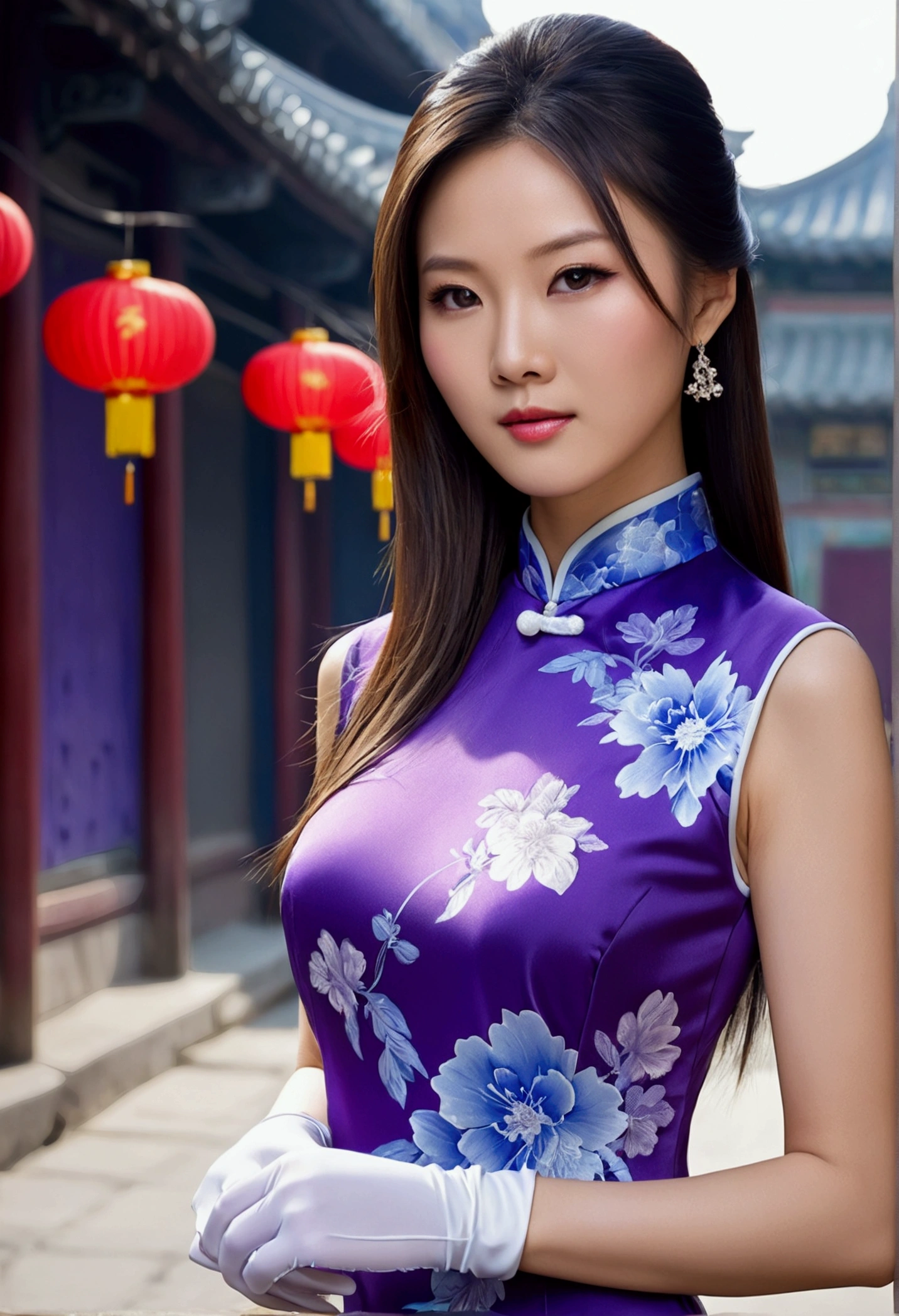 Beautiful Chinese woman with long straight hair wearing white gloves and a blue-purple cheongsam against a street background, photorealistic, in the style of high-definition photography, with a perfect figure body shape, showing beautiful face details, in high definition, high resolution, high detail, high quality --ar 1:2 --stylize 750