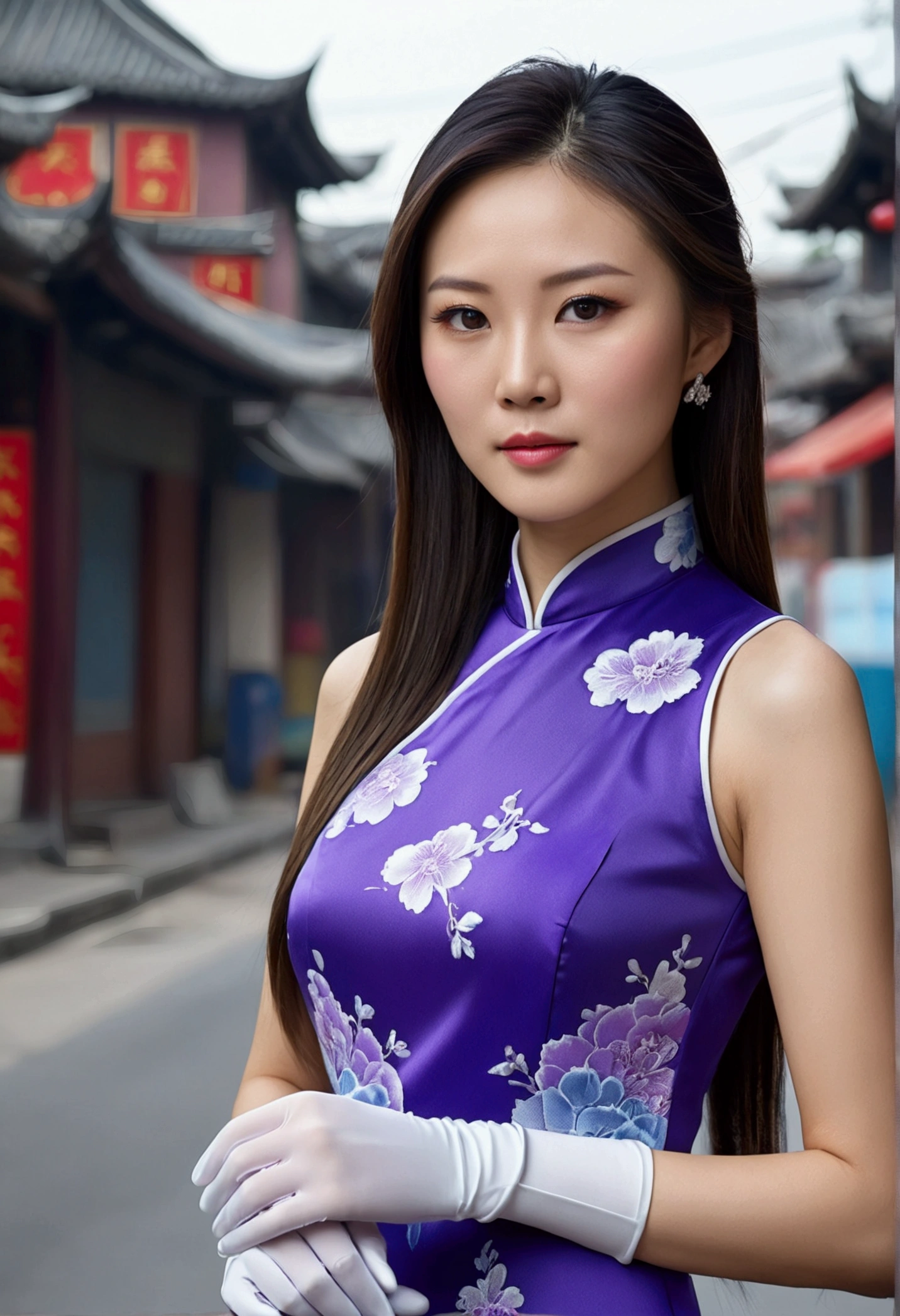 Beautiful Chinese woman with long straight hair wearing white gloves and a blue-purple cheongsam against a street background, photorealistic, in the style of high-definition photography, with a perfect figure body shape, showing beautiful face details, in high definition, high resolution, high detail, high quality --ar 1:2 --stylize 750