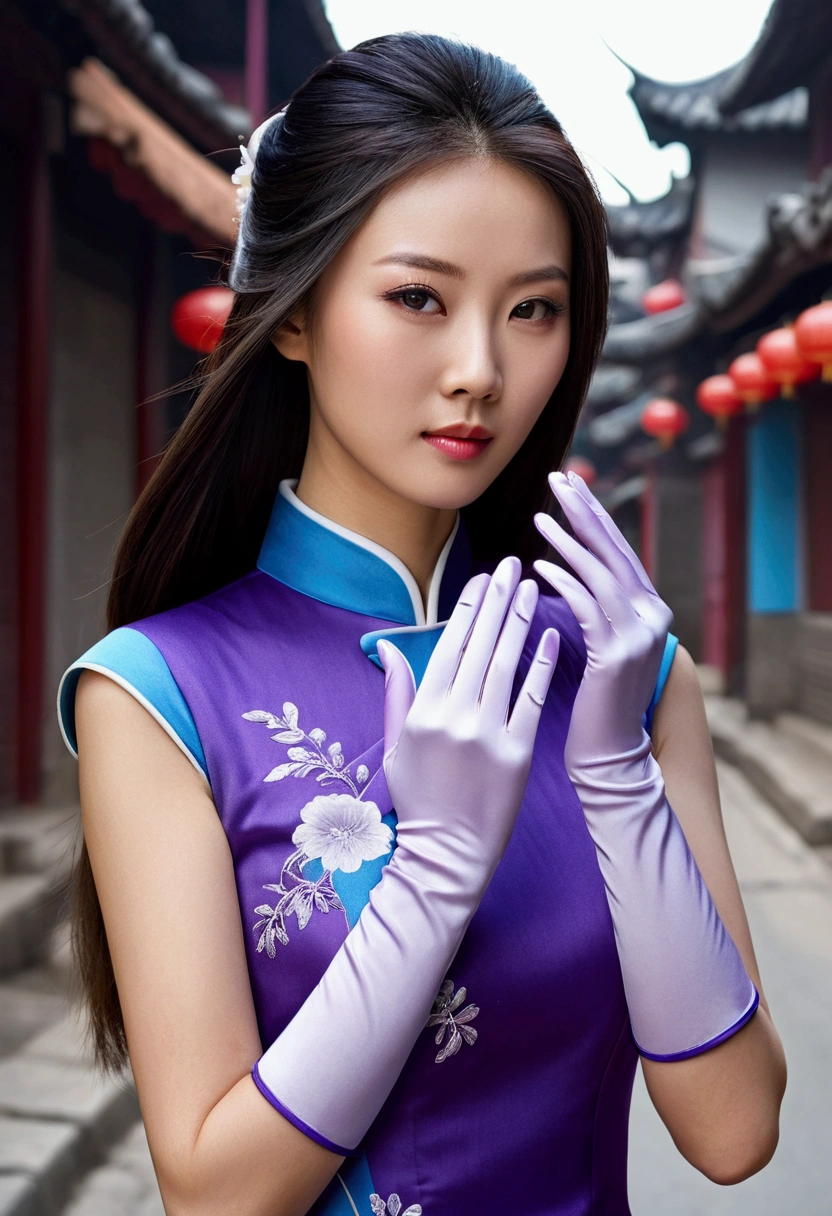 Beautiful Chinese woman with long straight hair wearing white gloves and a blue-purple cheongsam against a street background, photorealistic, in the style of high-definition photography, with a perfect figure body shape, showing beautiful face details, in high definition, high resolution, high detail, high quality --ar 1:2 --stylize 750